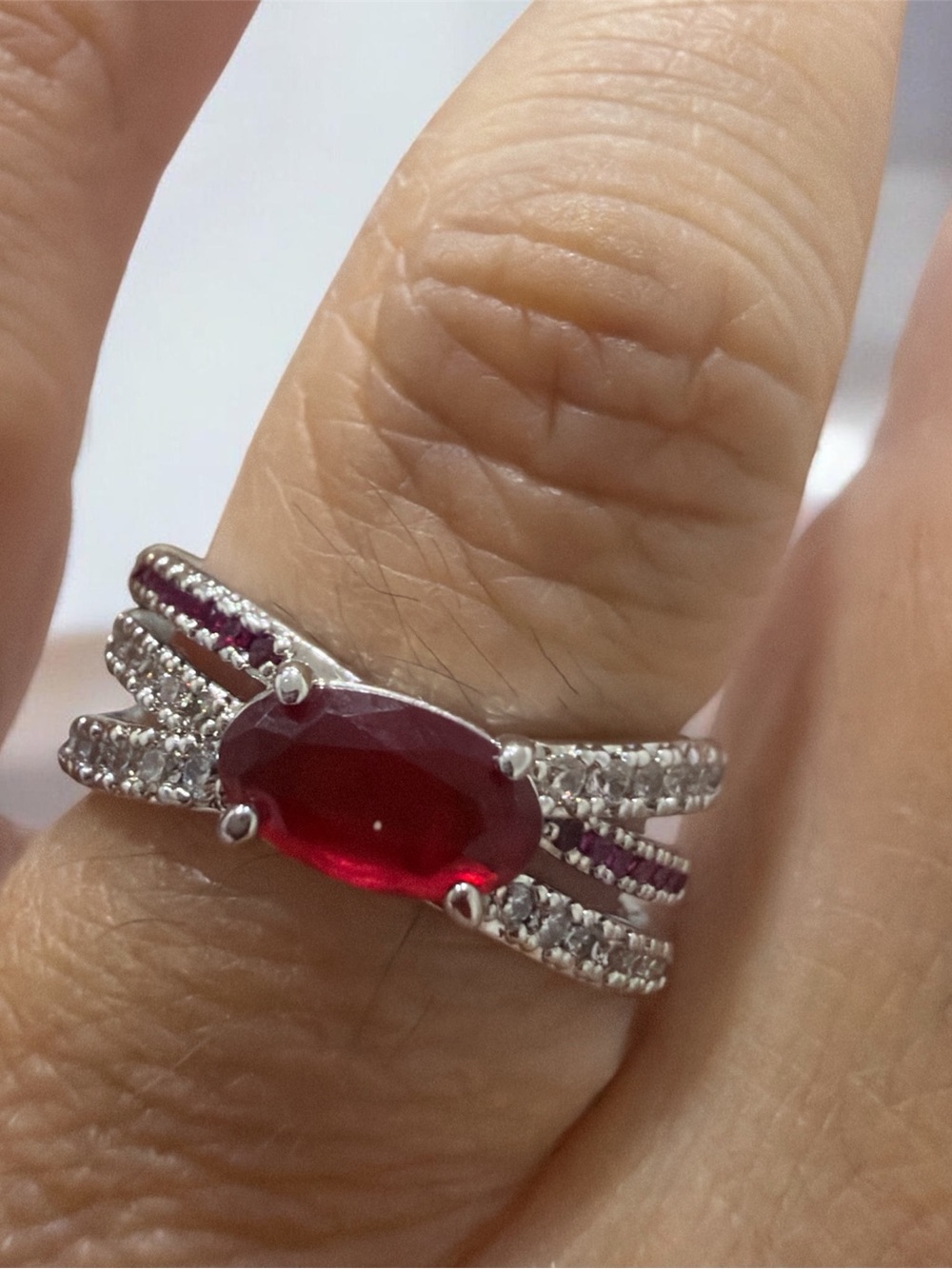 Sterling-Style Red Oval Centerstone Triple Band Ring